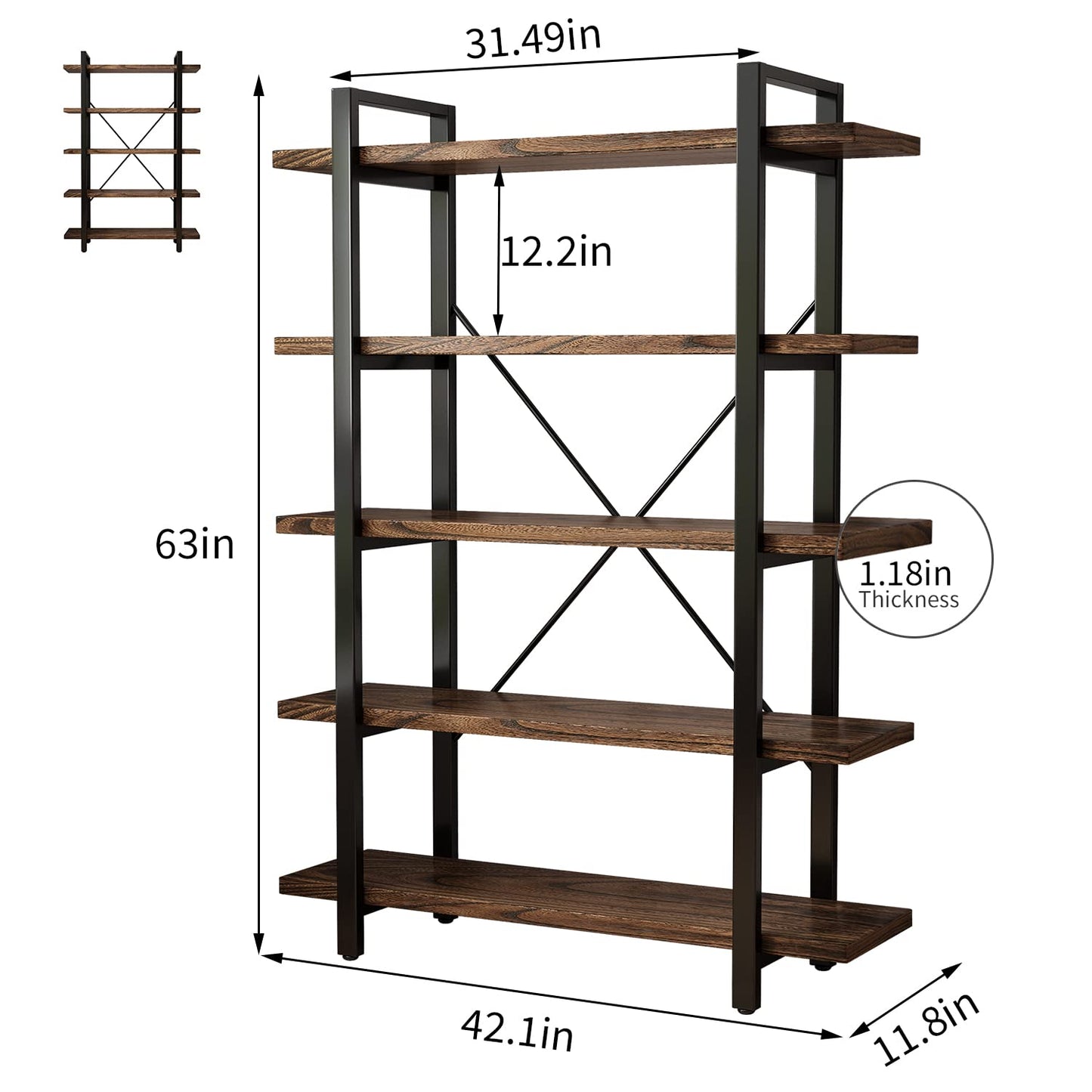 5-Tier Rustic Industrial Solid Wood Bookcase with Metal Frame - WoodArtSupply