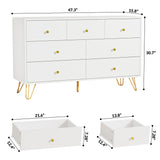Tradare 7 Drawer Dresser and Night Stand Sets for Bedroom, Two Drawers Nightstand Set of 2 & 7 Drawer Dresser with Gold Handle, Modern White and Gold Dresser Set Tradare