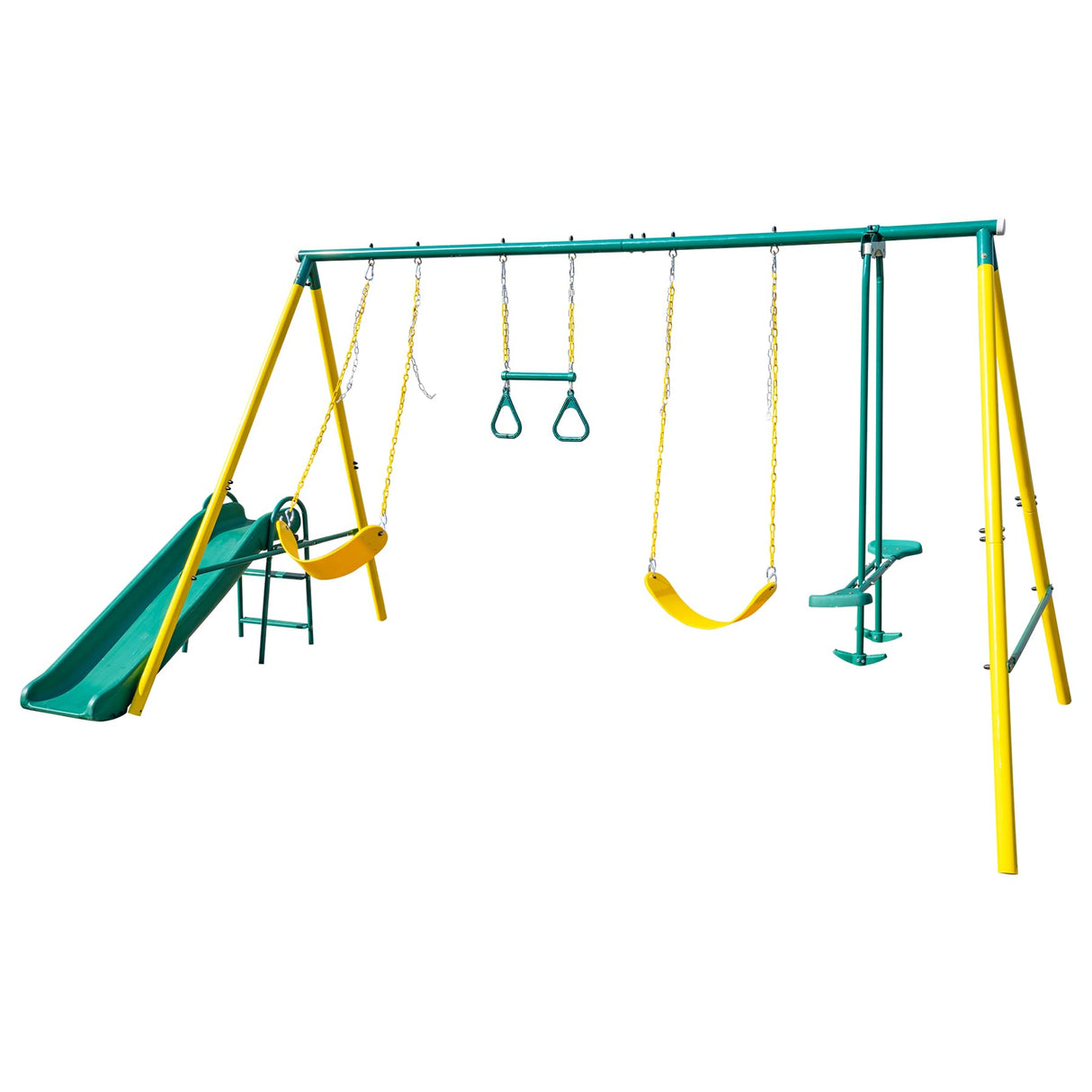 Swing Sets for Backyard, 5 in 1 Heavy-Duty Metal Swing Stand with Belt Swing, Glider, Trapeze Bar, Slide, A-Frame Outside Swing Set for Boy Girl Gift, Holds Up to 550lbs Aura Outdoor