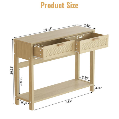 AWQM Rattan Console Table, Narrow Long Entryway Table with 2 Drawer, Modern Sofa Table with Open Shelf, Hallway Table for Living Room, Foyer,