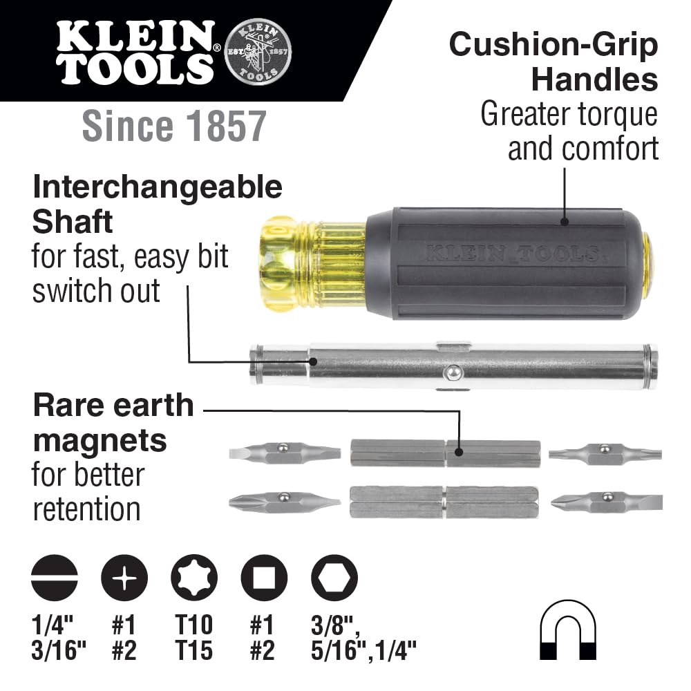 Klein Tools 32500MAG Magnetic Multi-Bit Screwdriver / Nut Driver, 11-in-1 Multi Tool with 8 Bits, 3 Nut Driver Sizes, Cushion Grip Handle - WoodArtSupply