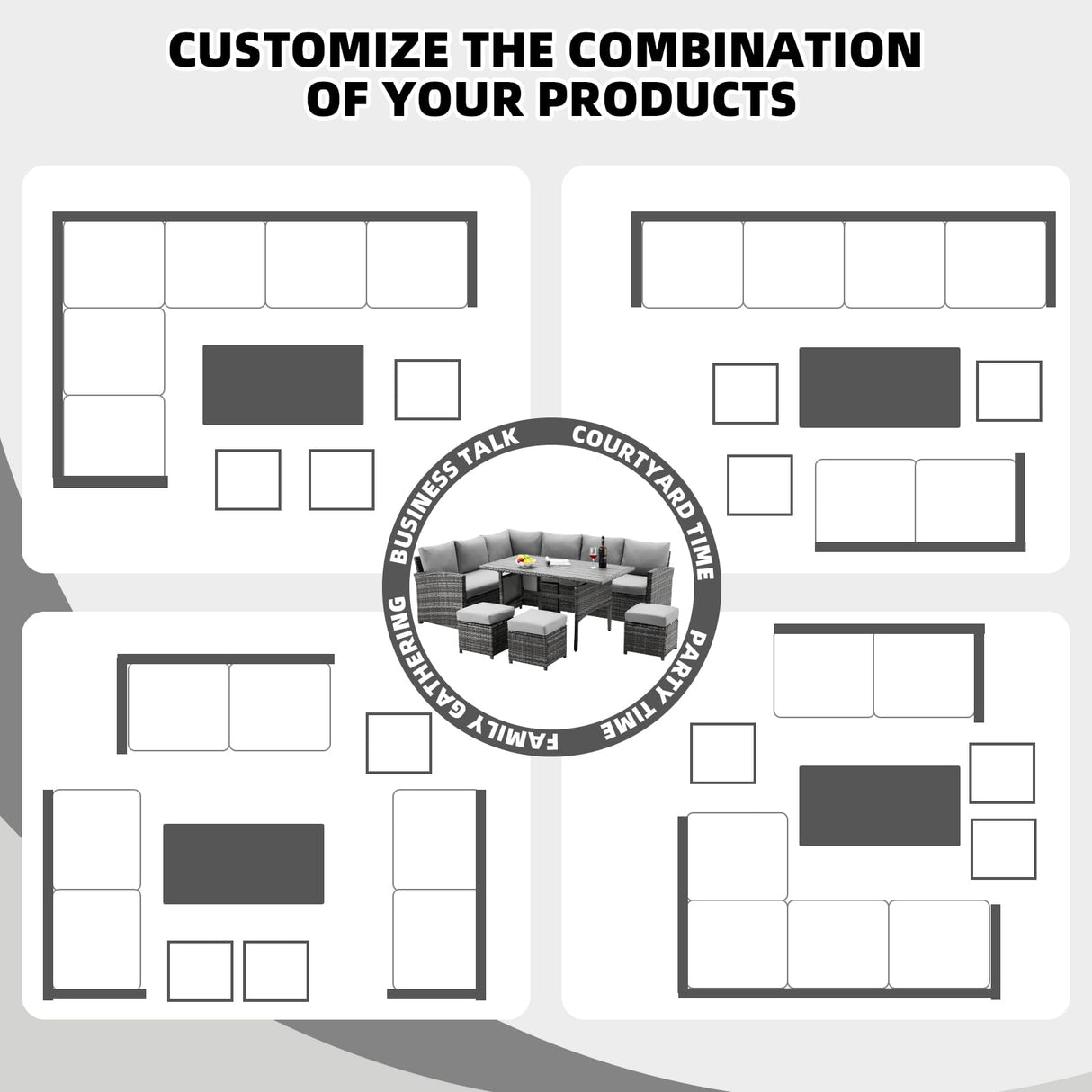 AECOJOY Patio Furniture Set, 7 Pieces Outdoor Patio Furniture with Dining Table&Chair, All Weather Wicker Conversation Set with Ottoman, Grey Rattan&Grey Cushion AECOJOY