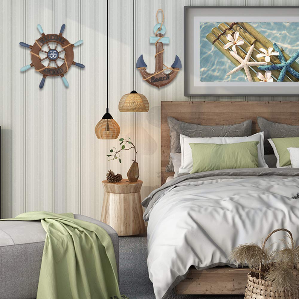 2 Pack 13" Nautical Beach Wooden Ship Wheel and 13" Wooden Anchor with Rope Nautical Boat Steering Wheel Rudder Anchor Wall Art Decor Door Hanging Ornament Beach Theme Home Decoration(Retro Brown) Meching