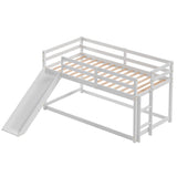 MU Twin Bunk Bed with Slide, Wood Low Bunk Bed Frame with Climbing Ladder & Safety Guard Rail, Floor Loft Bed with Lower Storage Space for Kids Toddler, White MU