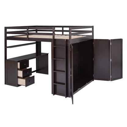 Okak Espresso Multifunctional Full Loft Bed with Desk, Drawers, and Safety Guardrail - WoodArtSupply