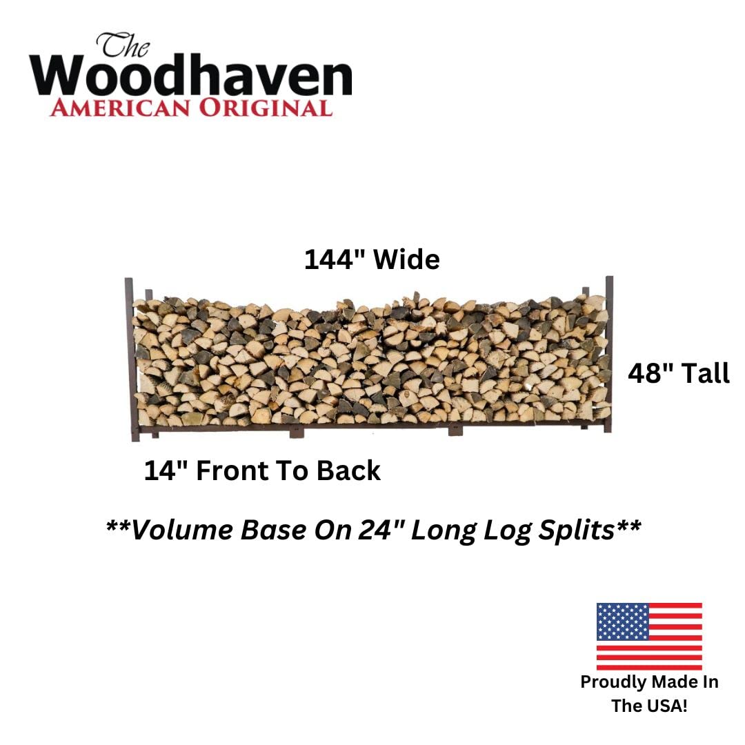 Woodhaven 12 Foot Brown - Made in the USA - 3/4 Cord Outdoor Firewood Storage Log Rack With Optional Seasoning Cover Combo Set - Metal Firewood Rack - Heavy Duty (No Cover) Woodhaven