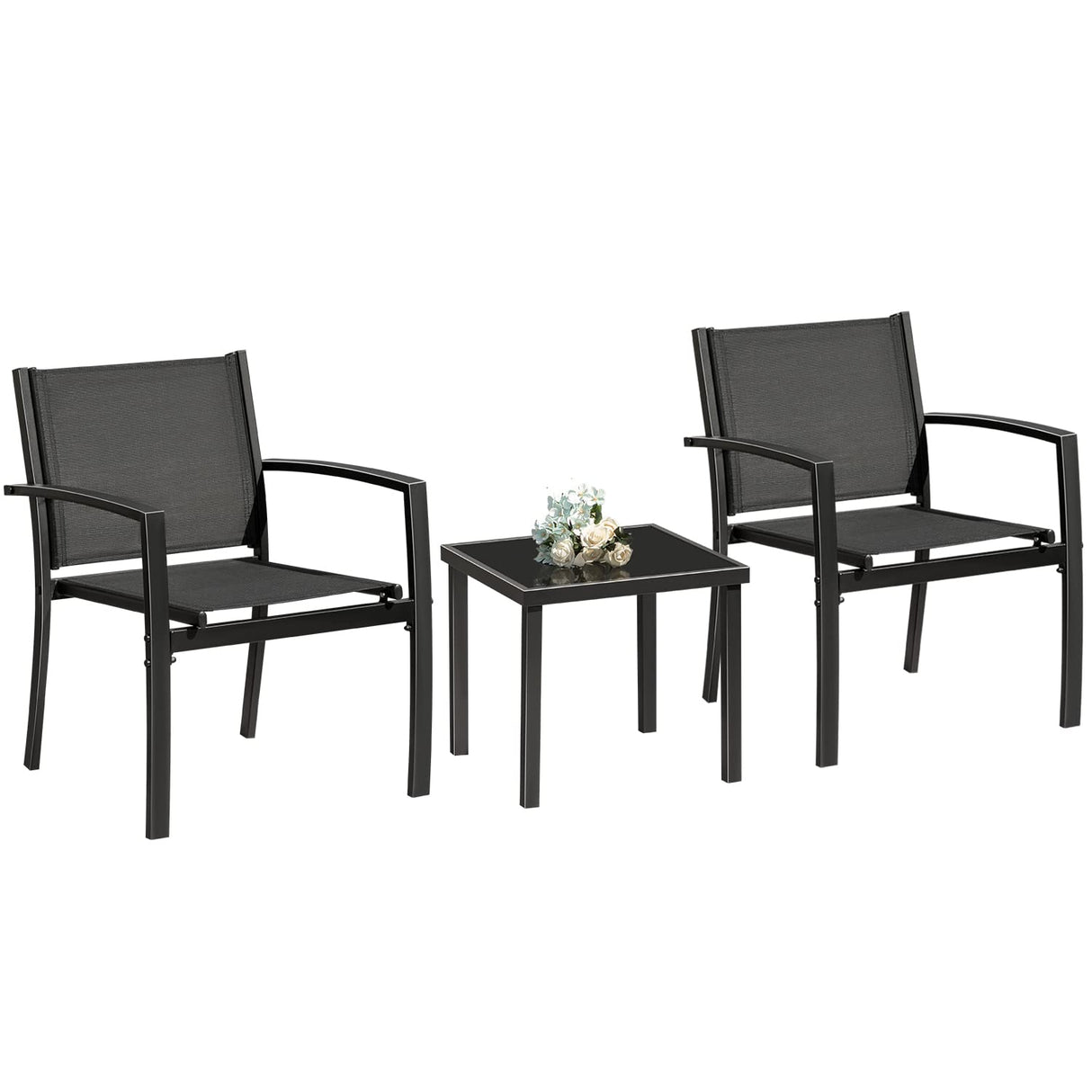 Greesum 3 Pieces Patio Furniture Outdoor Bistro Set Textilene Fabric Chairs for Lawn, Garden, Balcony, Poolside with A Glass Coffee Table, Black Greesum