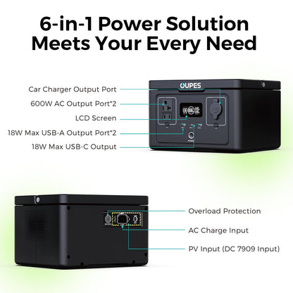 OUPES Exodus 600 Portable Power Station 600W, 256Wh Solar powered Generator with 2 AC Outlets(1200W peak), Full Recharge in 1 Hrs LifePO4 Battery Generator for Camping - WoodArtSupply