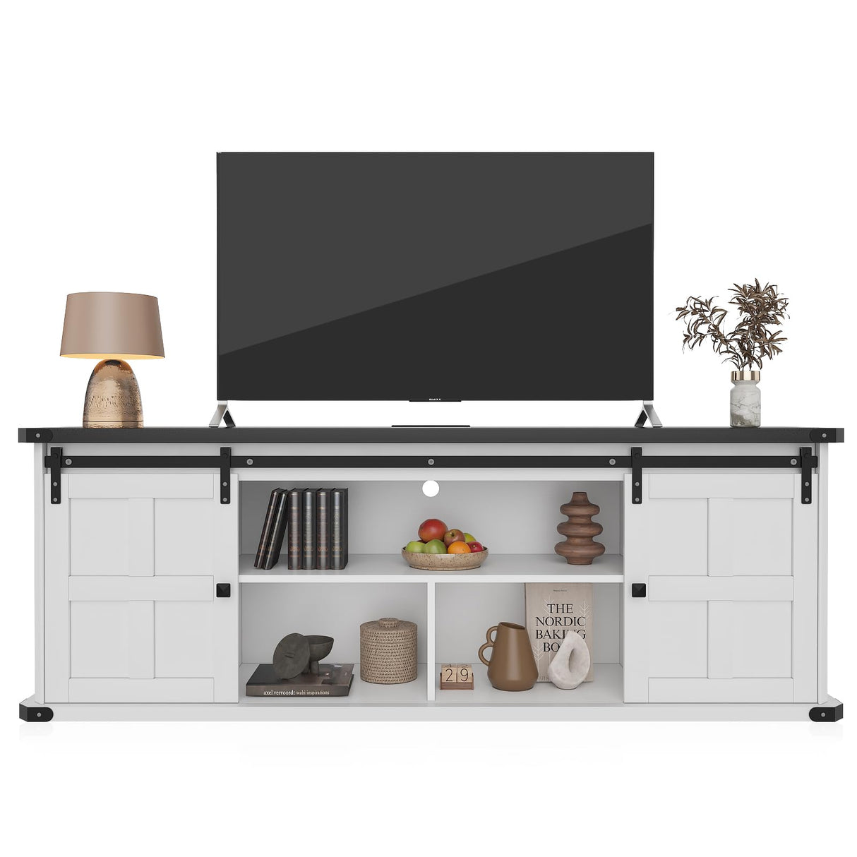 GarveeHome 70 in Farmhouse TV Stand for 75 in TVs, Modern Entertainment Center with Sliding Barn Doors, Modern Media TV Console Table, Wood Long TV Stand for Living Room GarveeHome