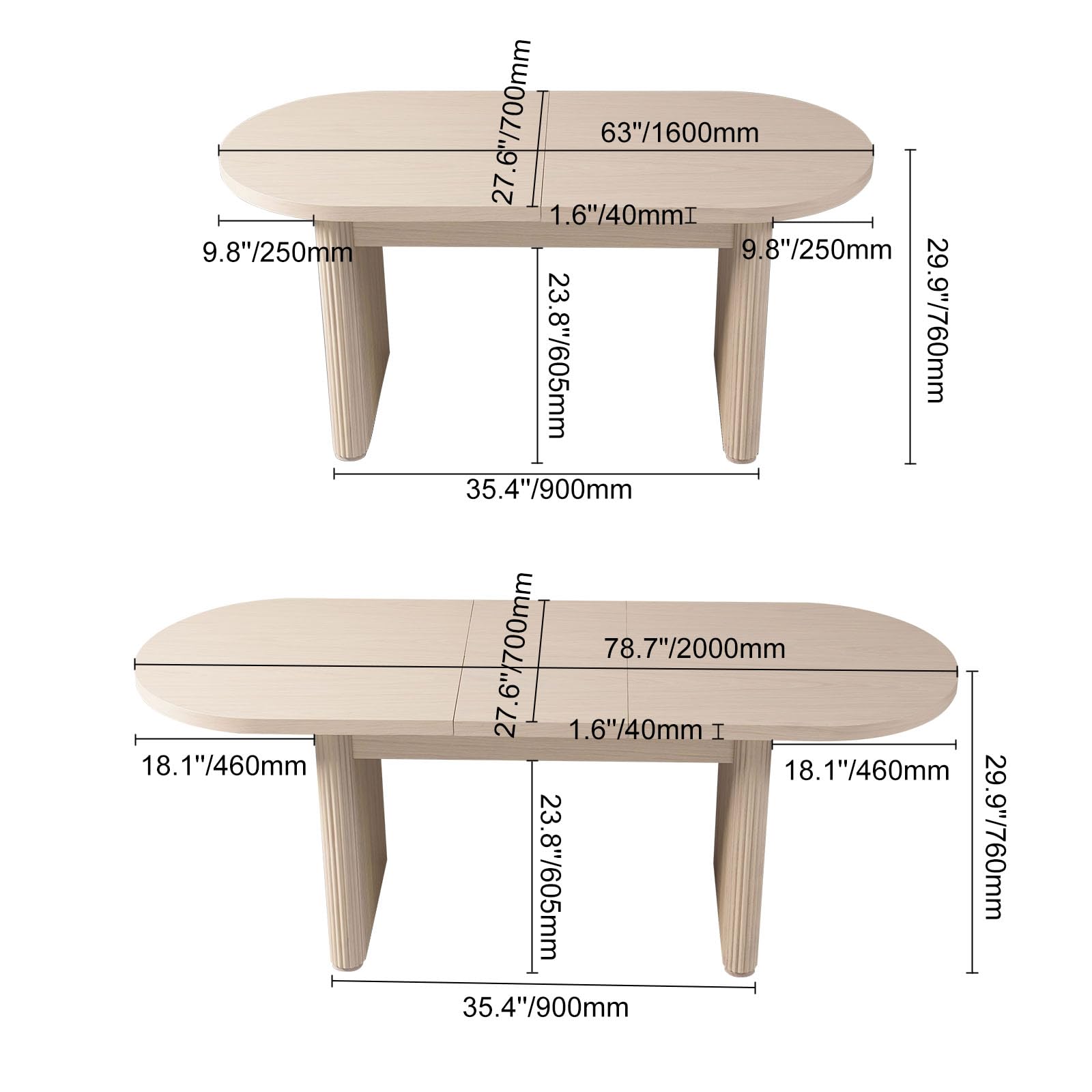 homary 63""-79"" Extendable Dining Table for 4 6 Person,Farmhouse Kitchen Table Oval Dining Table, Whitewash - WoodArtSupply