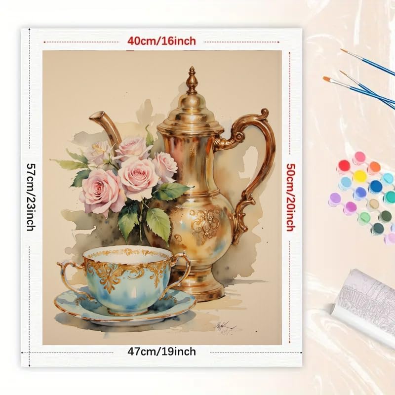 Tea Time Roses Paint by Numbers Kit for Adults - DIY Teapot and Cup Painting on Canvas 16x20 Inches, Acrylic Paint Set, for Beginners, Ideal for Home Decor or Gifts DecorFriday