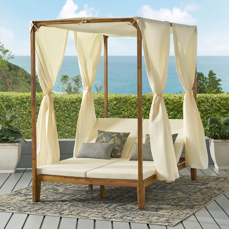 Merax Outdoor Daybed Patio Chaise Lounge,Acacia Wood Sunbed with Adjustable Seats,Overhead Curtains and Thick Cushions for Backyard Merax
