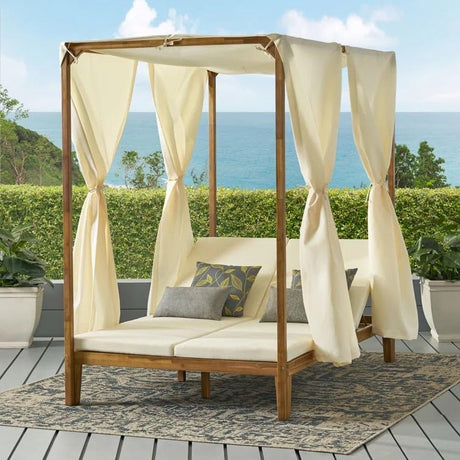 Merax Outdoor Daybed Patio Chaise Lounge,Acacia Wood Sunbed with Adjustable Seats,Overhead Curtains and Thick Cushions for Backyard Merax