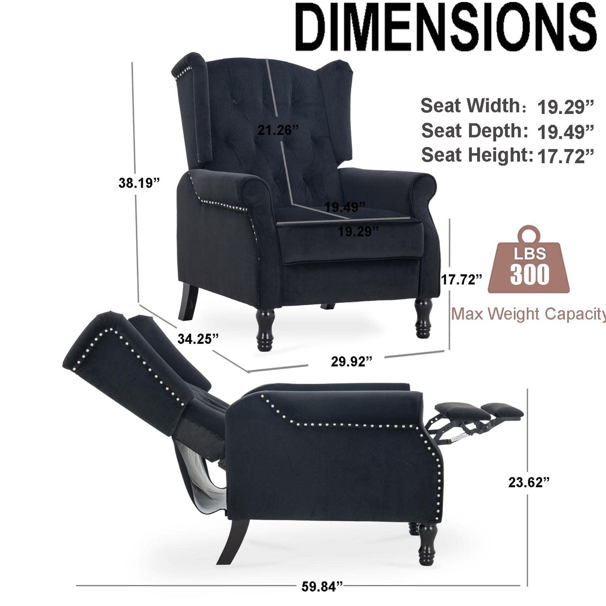 Altrobene Velvet Accent Chair, Push Back Recliner Chair, Wingback Arm Chair for Living Room/Bedroom/Home Theater/Reception Area, Black Altrobene