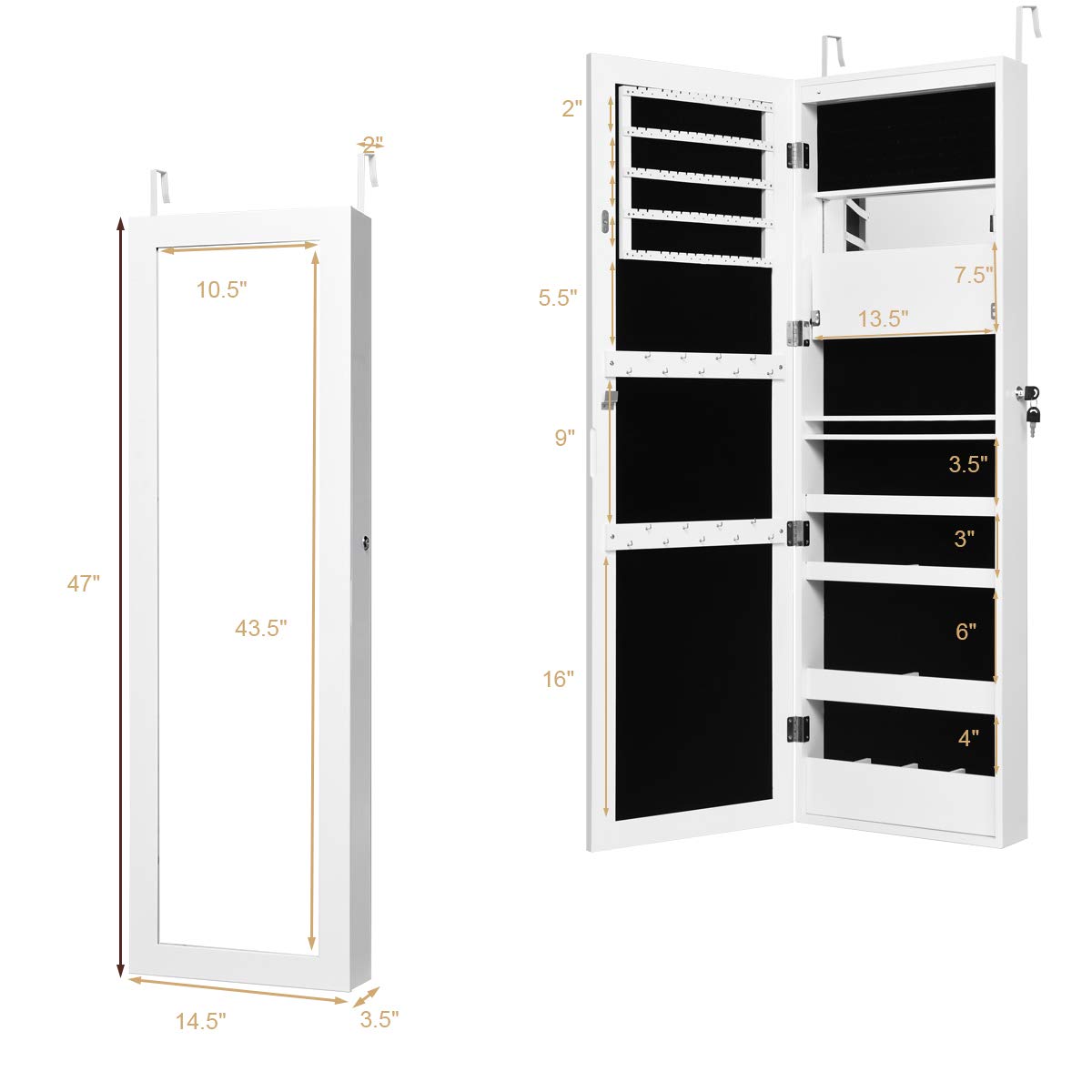 Giantex LED Jewelry Cabinet Wall Mounted Door Hanging, Lockable Jewelry Armoire with 47.2'' Full Length Mirror, Foldable Makeup Tray, Lipstick Brush Holders, Jewelry Storage Organizer (White) Giantex