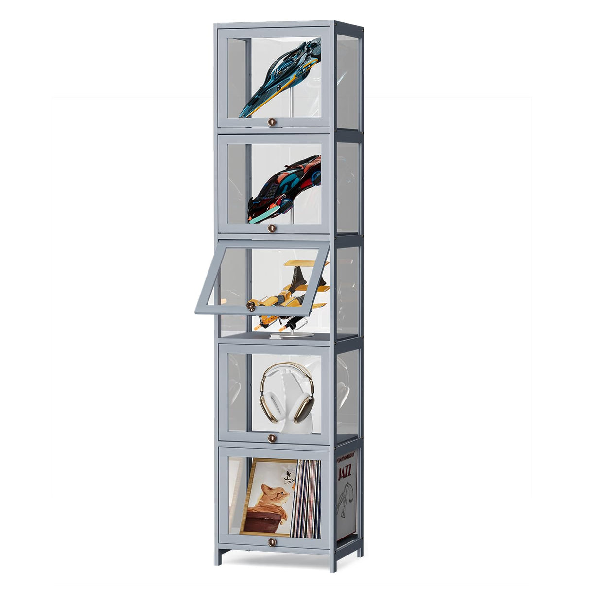Magshion 68" Tall Curio Display Cabinet, 5 Tier Slim Corner Shelves Collection Display Case for Living Room Bedroom, Gray Magshion