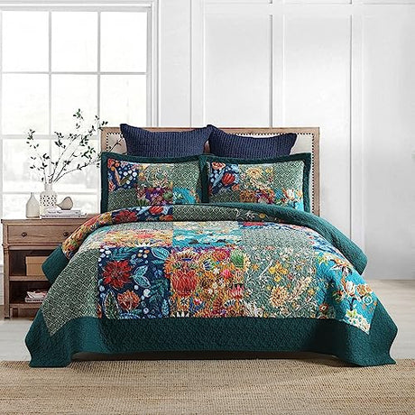 Autumn Dream Cotton Bedspread Quilt Sets Reversible Bedding Coverlet Sets Comforter, Vintage Floral Patchwork Turquoise Bedspread, King Size Autumn Dream