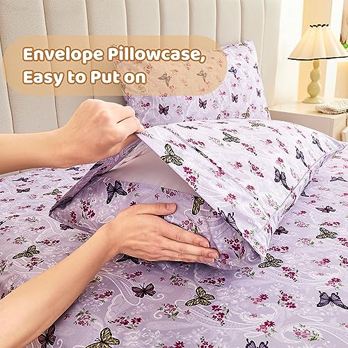 Softan Floral Twin Size Sheet Set, Purple Paisley Flower Printed Sheets for Kids Girls, Brushed Microfiber Fitted Sheet with 15" Deep Pocket & Non-Slip Straps, Butterfly Patterned Sheets Softan