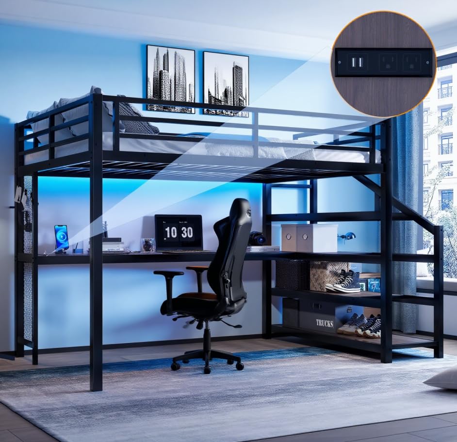 Bellemave Queen loft Bed with Storage Stairs, Shelves, Metal Queen Loft Beds with LED Lights, USB Ports, Multifunctional Iron Nets for Adults, Kids, Teens, Black Bellemave