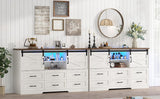 63" Farmhouse Dresser w/6 Drawers,60000-color Led Lights,Outlet, Large Chest of Drawers w/Sliding Barn Doors,Adjust Shelves,White Dresser TV Stand for 65/70in TV for Bedroom, Living Room chartustriable
