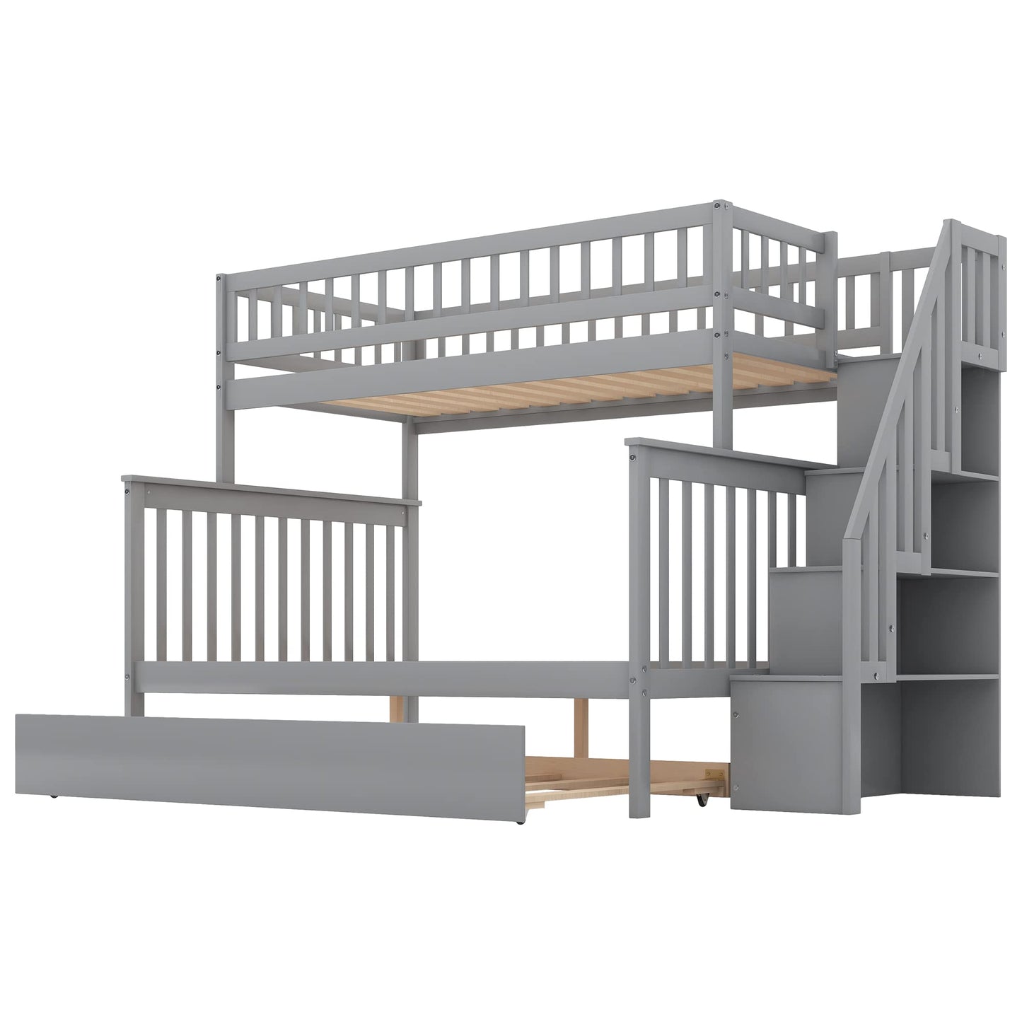 Harper & Bright Designs Twin Over Full Bunk Beds with Trundle, Bunk Beds with Stairs and Storage Shelf,Wood Bunk Beds with Full-Length Guard Rail for Kids, Gray