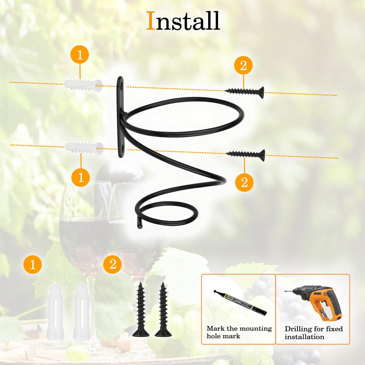 Yimerlen 6 Pcs Spiral Wine Wall Holder, Wall Mounted Wine Rack, Metal Wine Bottle Display Holder for Wine Storage Wall Wine Theme Decor (Downward Style) Black Yimerlen