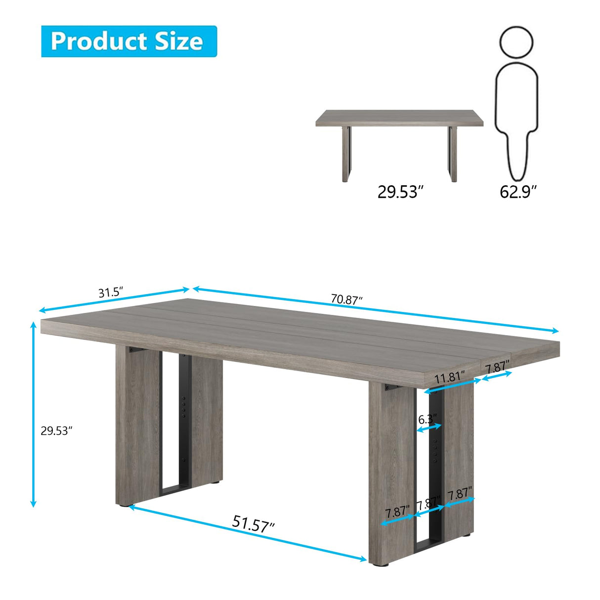 Gyfimoie 71" Large Dining Table, Rustic Farmhouse Dinner Table for 6 to 8 People, Rectangular Thick Kitchen Table with Heavy Duty Legs for Dining Room (Rustic Gray) Gyfimoie