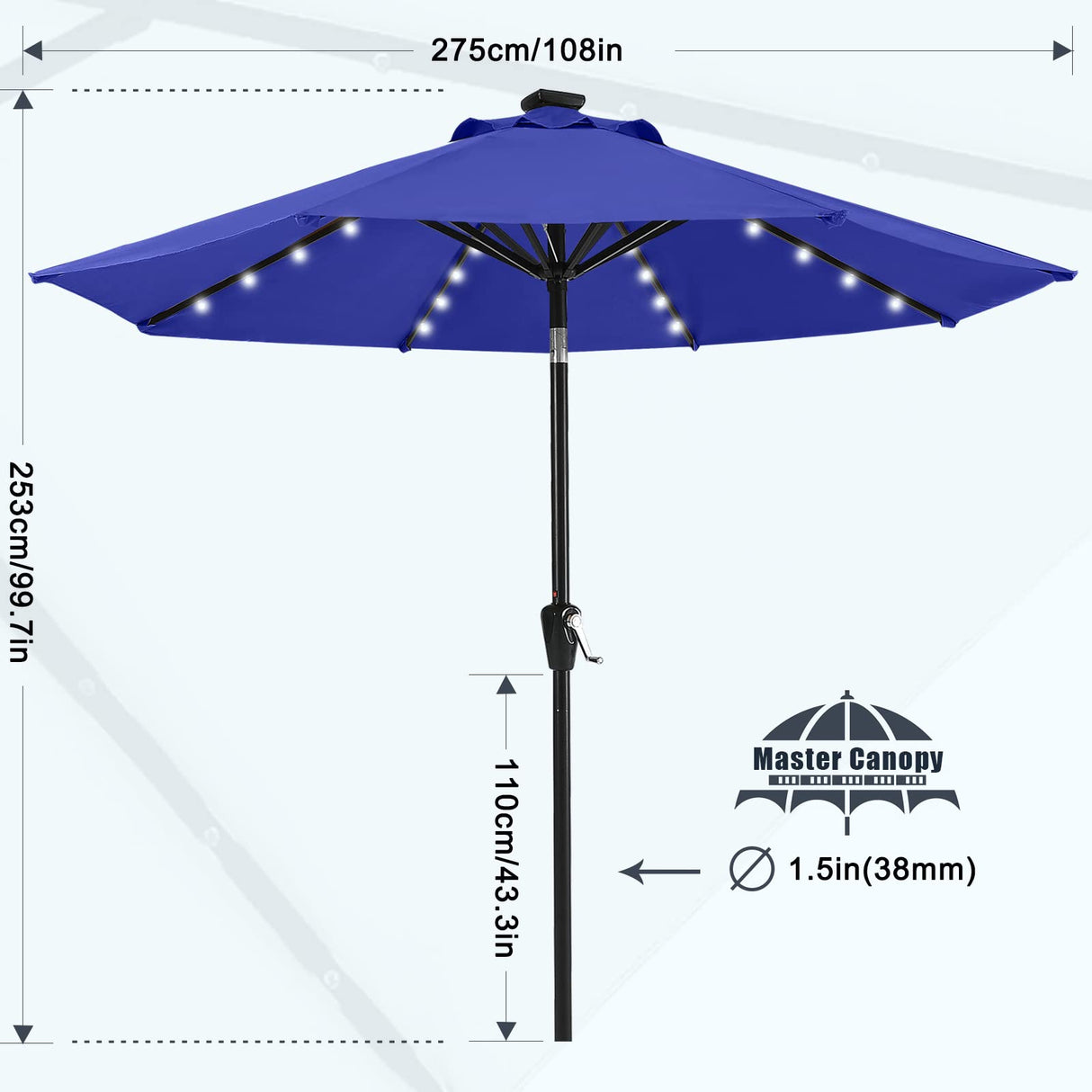 MASTERCANOPY Patio Umbrella with 32 Solar LED Lights -8 Ribs (9ft,Blue) MASTERCANOPY