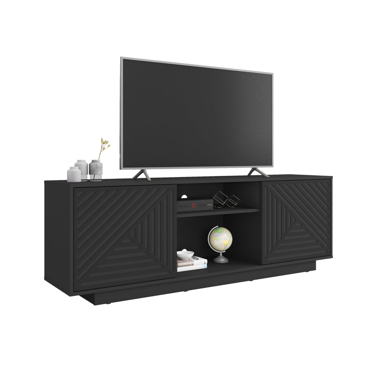 Techni Mobili Modern TV Stand for Screen TVs Up to 70” When Measured Diagonally – Black TV Stand with 2 Storage Cabinets with Patterned Doors and Open Shelves – Black Techni Mobili