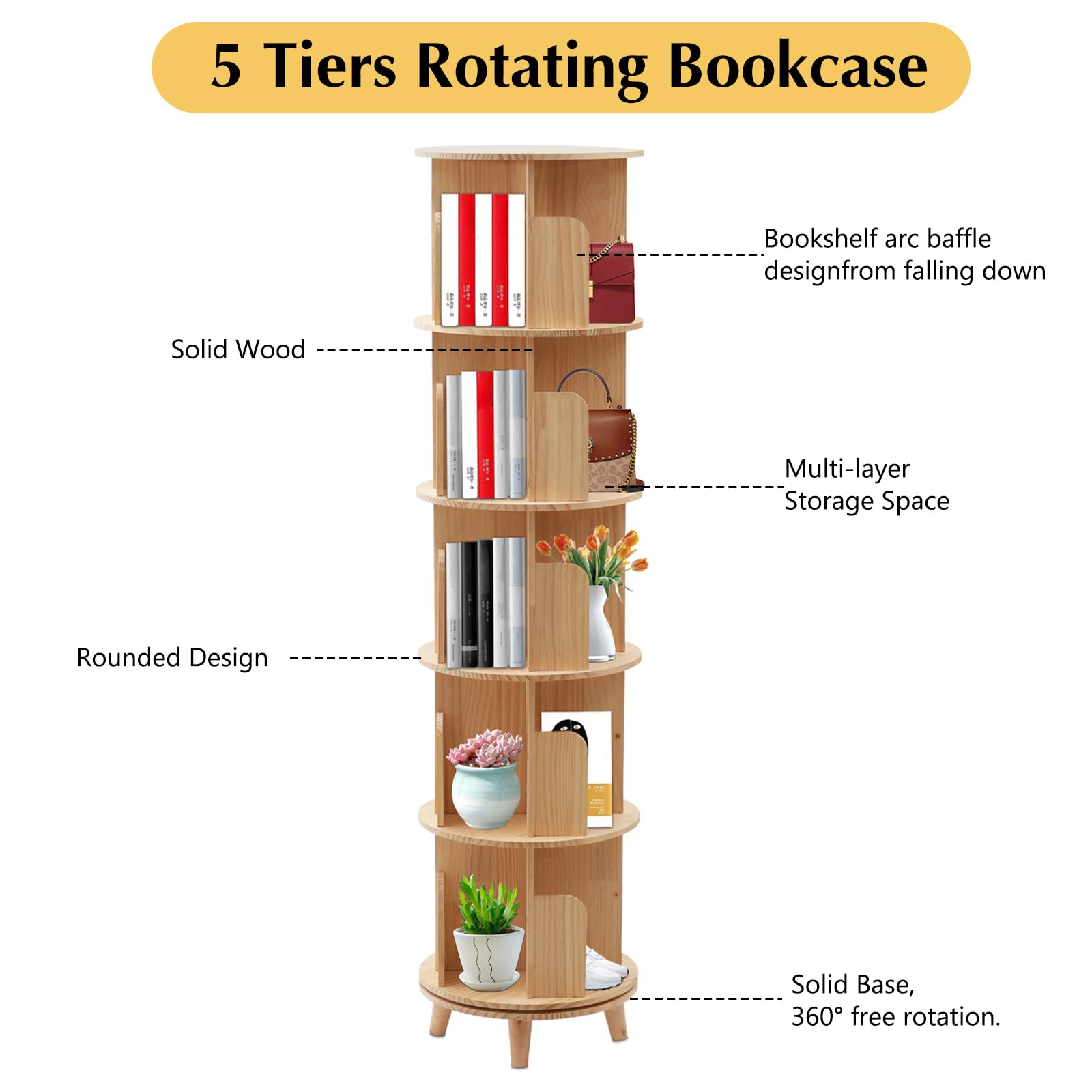 LyeXD 5-Tier Rotating Wooden Bookshelf - Multi-Functional Floor Stand Storage Rack - WoodArtSupply