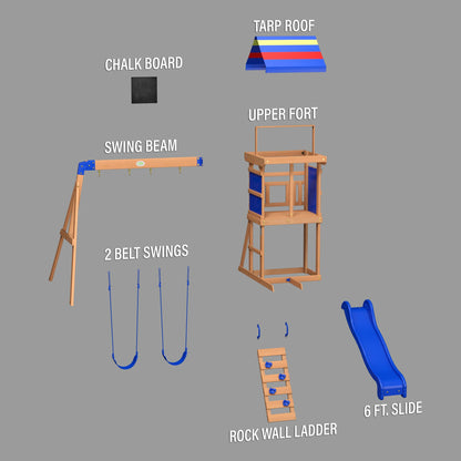 Backyard Discovery Bay Pointe All Cedar Wooden Swing Set, Large Upper Deck with Canopy, Sandbox, Rock Wall, Slide, Two Swings, Chalkboard Blue - WoodArtSupply