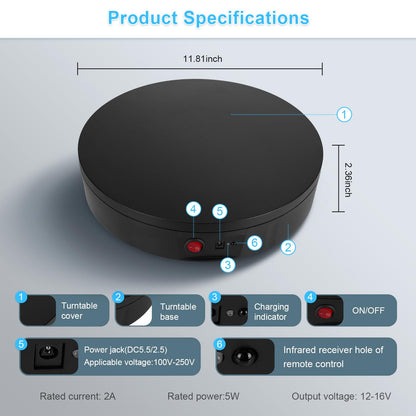 Remote Control Motorized Rotating Display Stand, 300 Lbs Load, 360 Degree, Mute Automatic Rotating Platform for Photography Products, Live Video Show, Angle Speed, Wired, Rotating Stand for Display