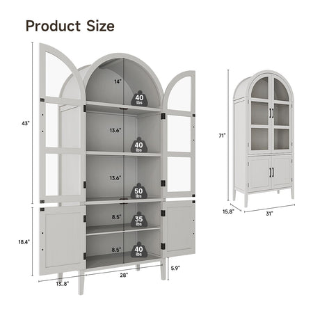 ONBRILL 71" Tall Arched Cabinet, 5-Tier Arched Kitchen Pantry with Glass Doors & Shelves, Modern Display Arch Cabinet with Adjustable Feet, Wooden Pantry for Living Room, Dining Room, Off White ONBRILL