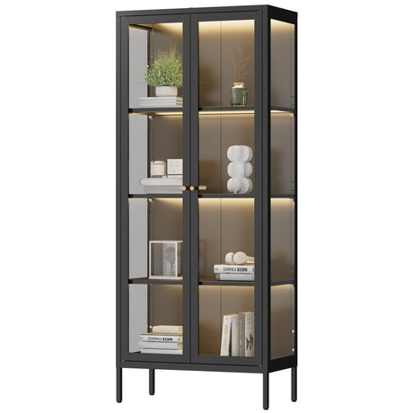 Polup Glass Display Cabinet with 3 Color LED Lights,Black Curio Cabinet with Glass Doors, 68 Inch Tall Display Case for Collectibles, Metal Storage Cabinet for Living Room, Bedroom, Assemble Required Polup