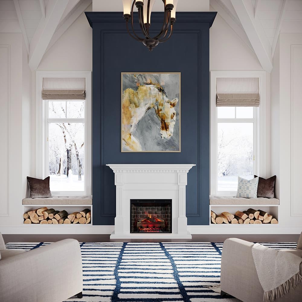 Modern Ember Augustine White Mantel Package 55" W x 48" H with 28 Inch Electric Fireplace Insert - 1,000 Sq Ft Heater 4 Flame Colors, Ember Bed Included | Compatible with Alexa and Google Assistant Modern Ember