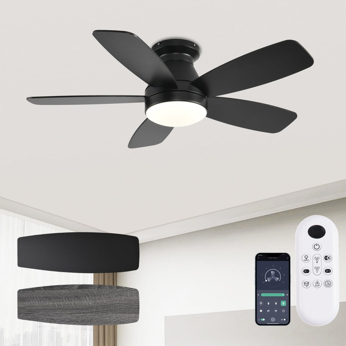 JSAITEE Ceiling Fans with Lights, 42 Inch Low Profile Ceiling Fan with Light and Remote/App Control, Flush Mount, Reversible, 3CCT, Dimmable, Noiseless, Black Ceiling Fan for Indoor/Outdoor Use JSAITEE