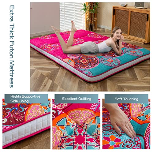 MAXYOYO Bohemian Style Futon Mattress, Padded Japanese Floor Mattress Quilted Bed Mattress Topper, Extra Thick Folding Sleeping Pad Breathable Floor Lounger Guest Bed for Camping Couch, Red, Queen MAXYOYO