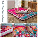 MAXYOYO Bohemian Style Futon Mattress, Padded Japanese Floor Mattress Quilted Bed Mattress Topper, Extra Thick Folding Sleeping Pad Breathable Floor Lounger Guest Bed for Camping Couch, Red, Queen MAXYOYO
