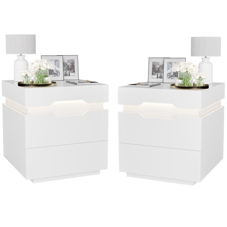 YESHOMY Nightstand with LED Light and Charging Station, Endtable with 2 Drawers, Bedside Table with Large Capacity, for Bedroom, Set of 2, 21.2" Height, White YESHOMY