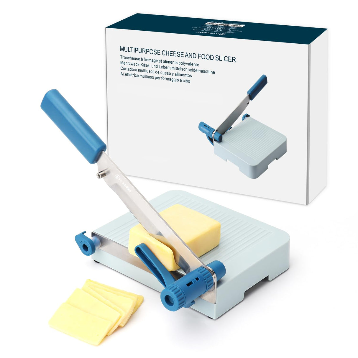 KITCHENDAO Multipurpose Cheese Slicer Cutter with Board for Arthritic and Weak Hands, Adjustable Thickness Dial for Block Cheese, Effortless Slicing, Guillotine Sausage Ham Biltong Jerky Slicer KITCHENDAO