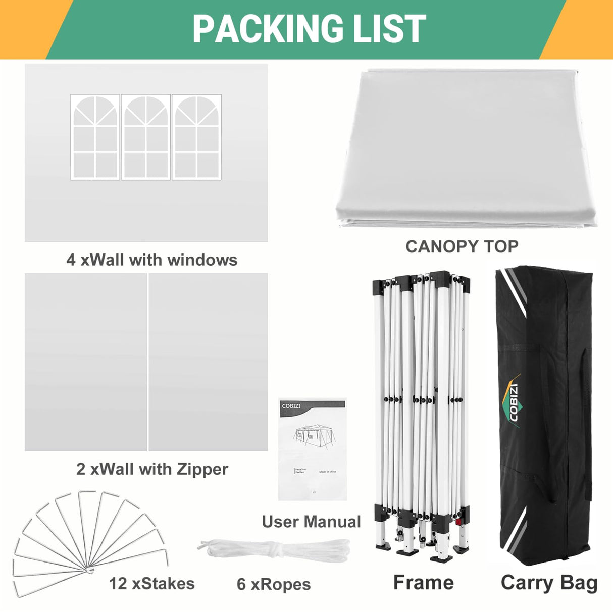 COBIZI Canopy 10x20 Pop Up Canopy with 6 Sidewalls,Waterproof Canopy Outdoor Event Shelter UPF 50+ Gazebo Portable Tents for Parties Beach Camping Wedding Commercial Instant Easy up Canopy 10x20,White COBIZI