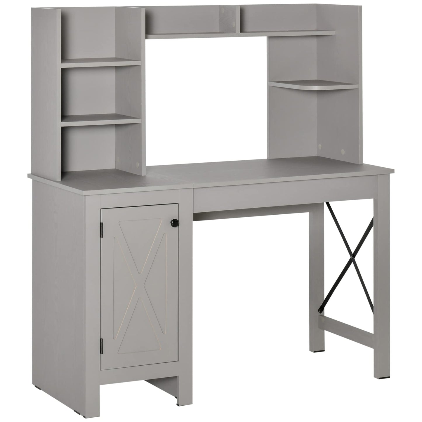 HOMCOM Farmhouse Computer Desk with Hutch and Cabinet, Home Office Desk with Storage, for Study, Light Grey - WoodArtSupply