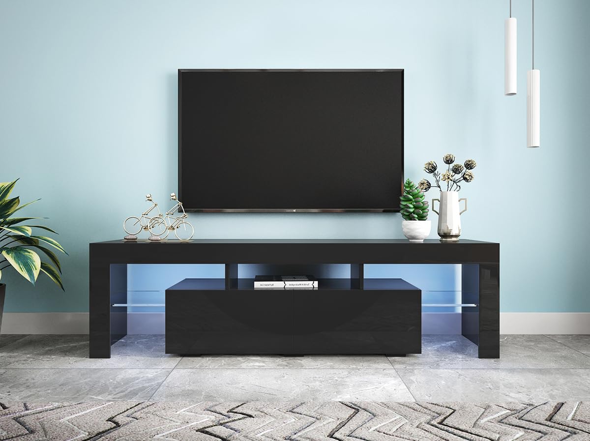 Black TV Stand with 2 Storage and 3 Open Shelves High Gloss LED TV, TV Entertainment Center TV Console Media Gaming TV Table Stands for Up 50 to 70 Inch Hangoo