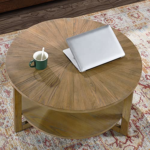 LEEMTORIG Round Wooden Coffee Table Living Room, 2-Tier Circle Round Coffee Table with Storage, Farmhouse Solid Wood Coffee Table, Yellowish Brown, KFZ-3338 LEEMTORIG