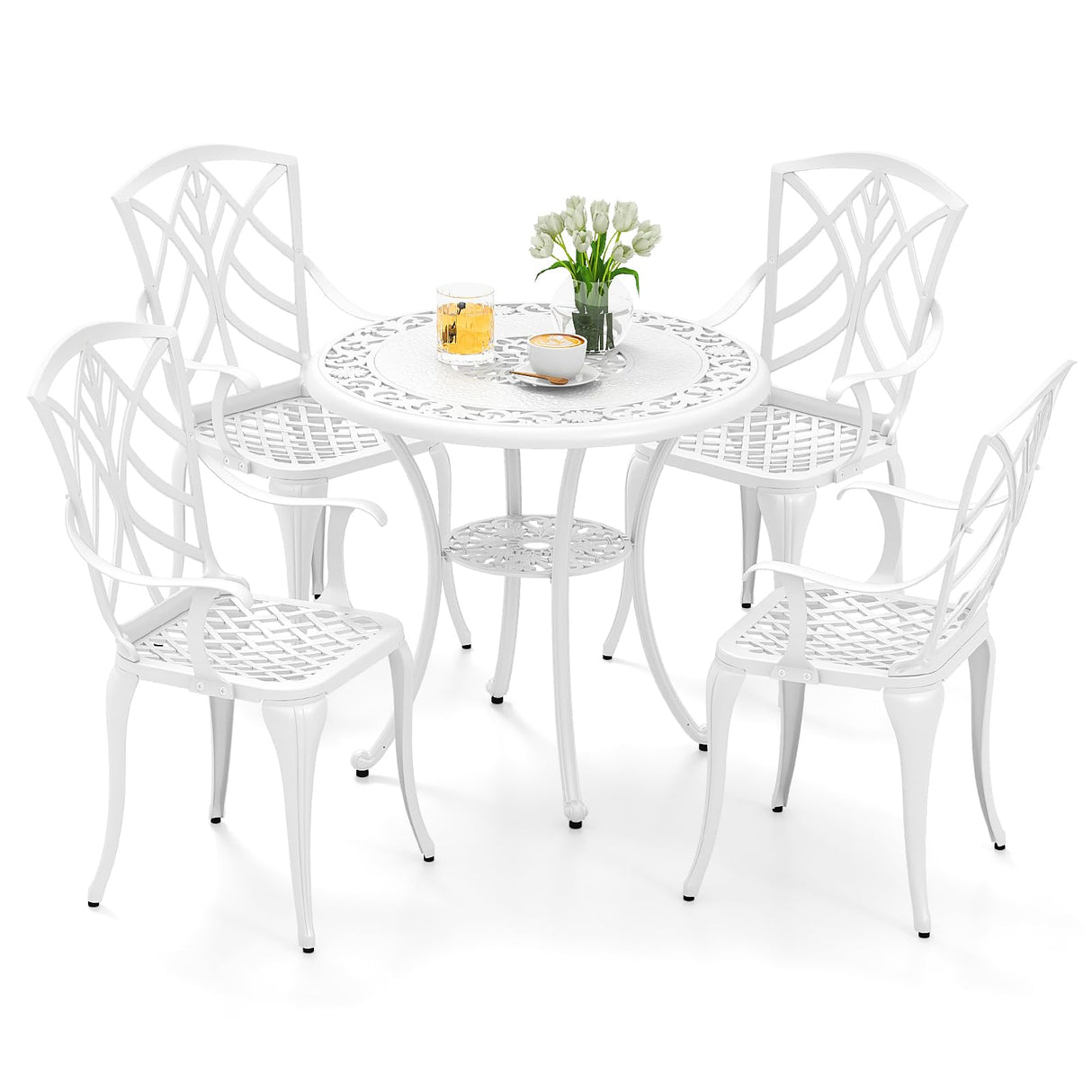 Tangkula 5 Pieces Cast Aluminum Outdoor Dining Set, Round Dining Table with 2” Umbrella Hole & 4 Armchairs, All-Weather Outdoor Furniture Set for Patio, Balcony, Garden & Backyard, White Tangkula