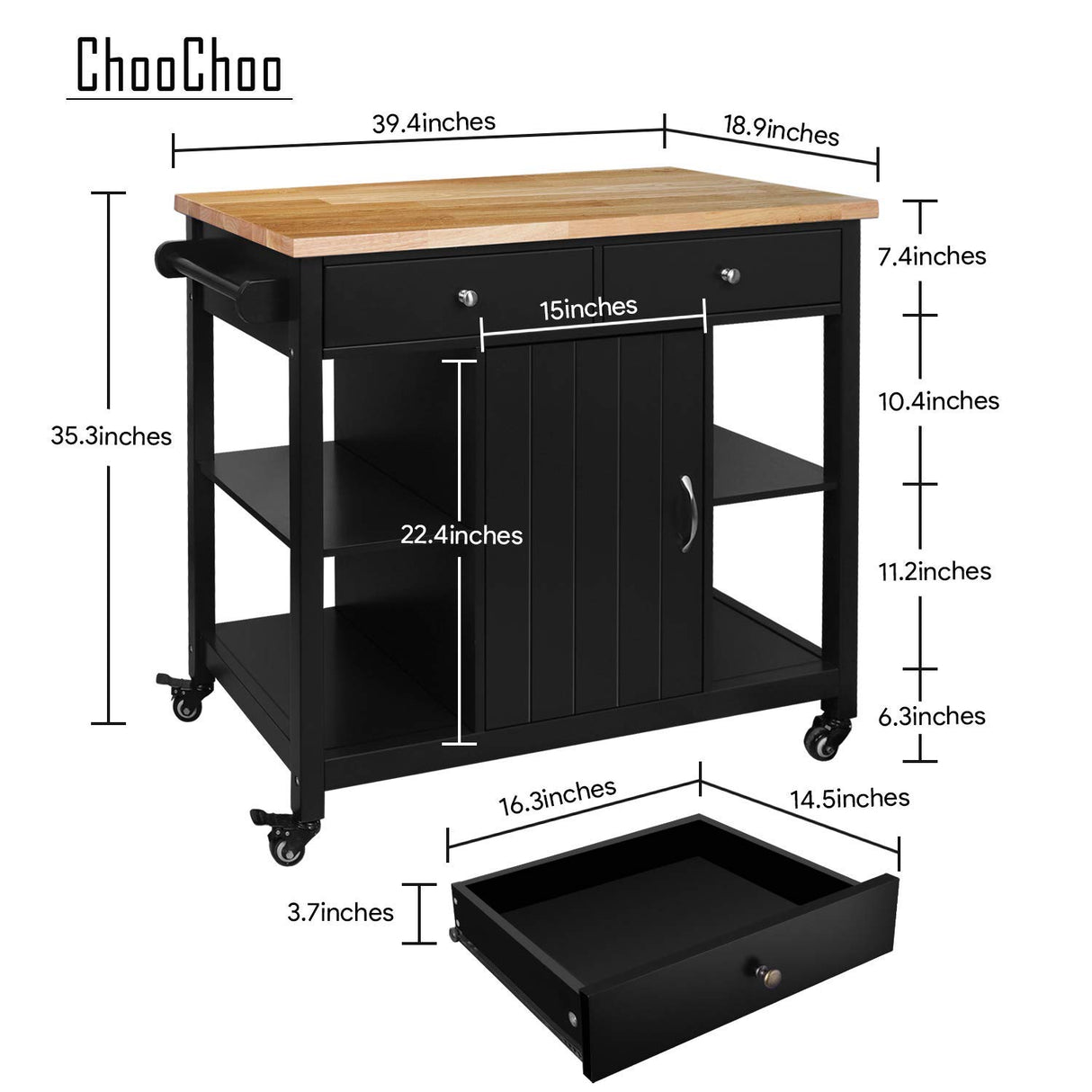 ChooChoo Kitchen Islands on Wheels with Wood Top, Utility Wood Movable Kitchen Cart with Storage and Drawers, Black ChooChoo