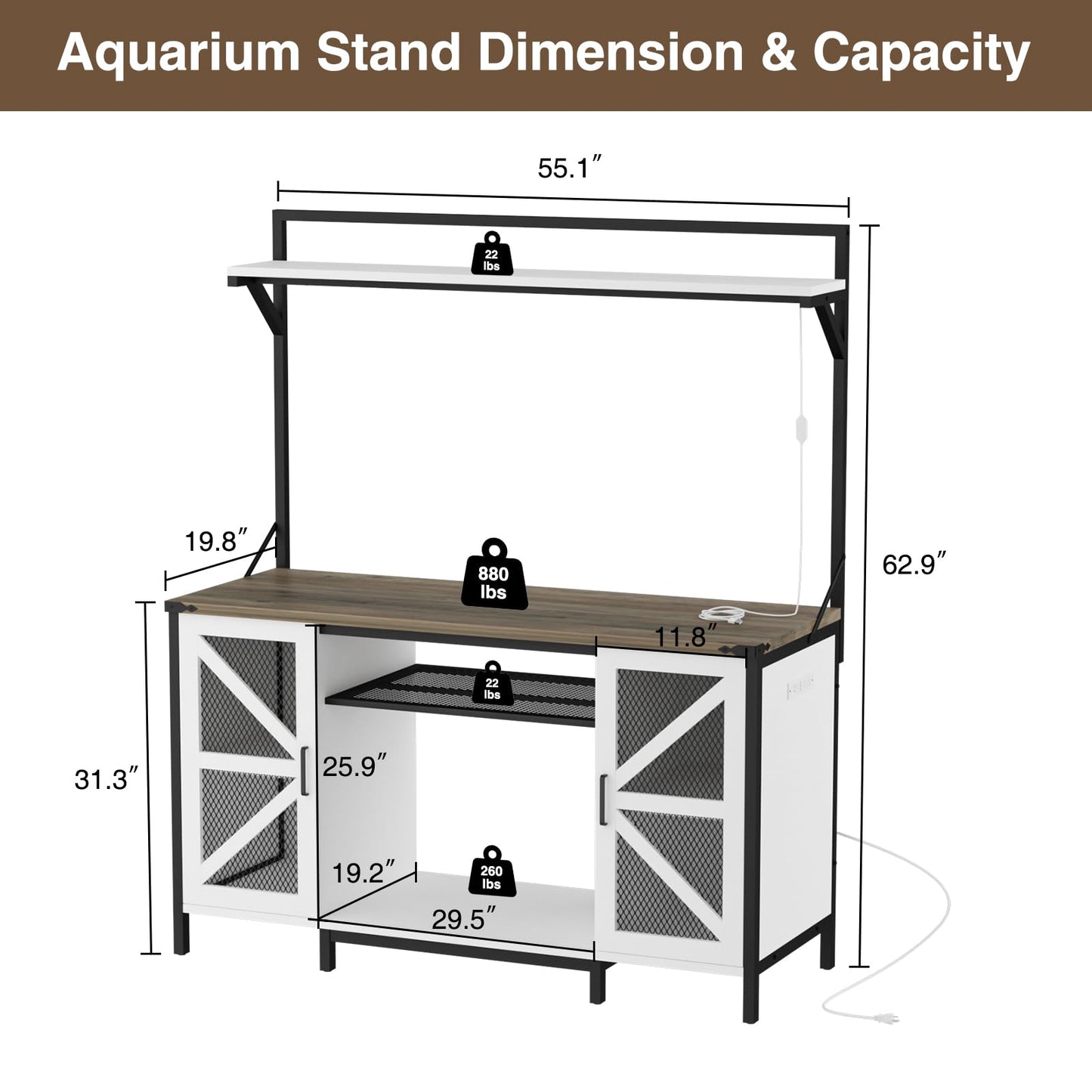 Halitaa 55-75 Gallon Fish Tank Stand,Farmhouse Heavy Duty Metal Aquarium Stand with Power Outlet & LED Light,Reptile Tank Stand with Cabinet and Shelf for Accessories Storage Turtle Terrarium - WoodArtSupply