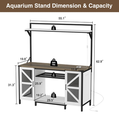 Halitaa 55-75 Gallon Fish Tank Stand,Farmhouse Heavy Duty Metal Aquarium Stand with Power Outlet & LED Light,Reptile Tank Stand with Cabinet and Shelf for Accessories Storage Turtle Terrarium - WoodArtSupply