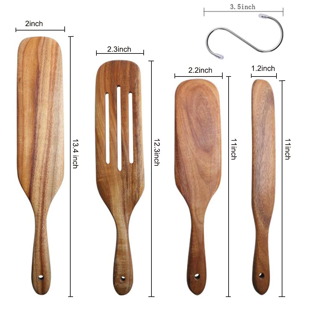 Spurtle Set, Natural Acacia Wooden Kitchen Utensils Set of 4, Wooden Spoons Utensils for Cooking, stirring, Mixing, Serving, spurtles kitchen tools as seen on tv for NonSick Cookware