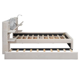 MaiDeHaoo Queen Size Upholstered Bed with with Trundle and 2 Storage Drawers, Luxury Queen Bed Frame with Storage Headboard and Reading Lights, Built-in Nightstands, Beige MaiDeHaoo